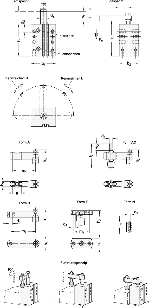 Ganter 875-16-8-L-A  Schwenkspanner, in Blockbauweise, Grösse: 16, d1: 8, Form: A - Spannarm mit Langloch und 2 Flankenscheiben - GN 875 Schwenkspanner - in Blockbauweise - Massblatt