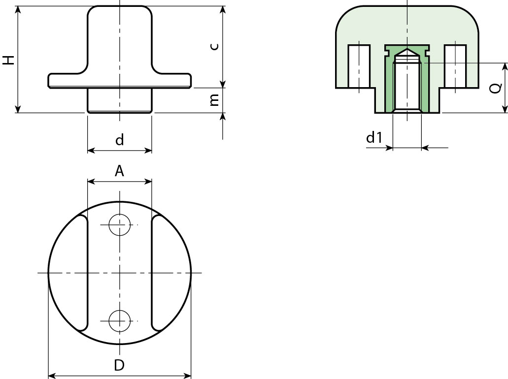 Leschhorn G794 Kugelgriff mit Gewindebuchse  D 40; d 18; Gewinde d1 M12; Kunststoff PA, schwarz - Boteco G794 Kugelgriff mit Gewindebuchse