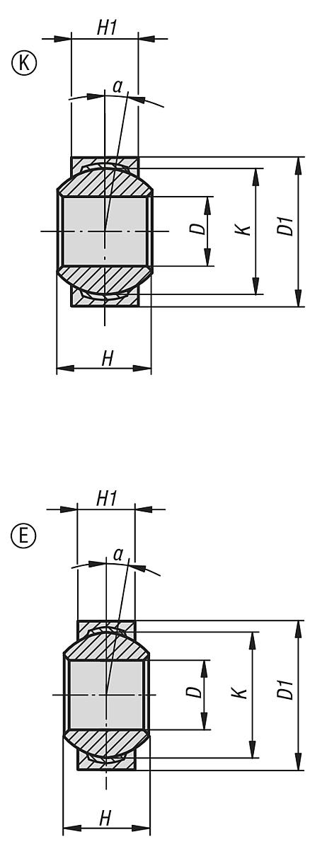 Norelem 27632-02-21630 GELENKLAGER MAßREIHE E, D=16-0,008, D1=30-0,009 EDELSTAHL 1.4571, KOMP:PTFE - NLM 27632-02 Gelenklager Formreihe K - E DIN ISO 12240-1 - Massblatt