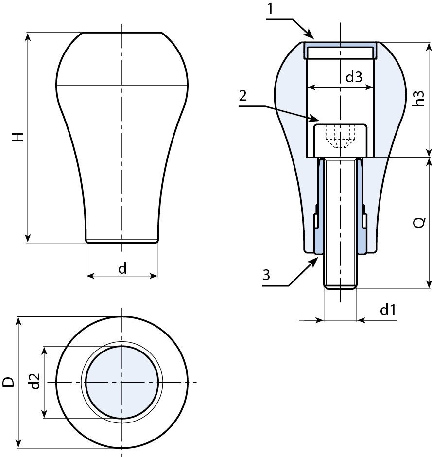 Leschhorn M202 Kugelgriffschrauben  H 64; d 22,5; Gewinde d1 M10; Kunststoff PA, schwarz - Boteco M202 Kugelgriffschrauben