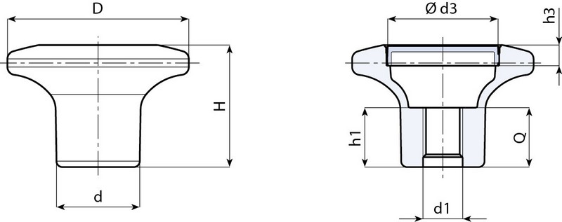 Leschhorn I132 Pilzgriffe  D 45; d 21; Gewinde d1 M12; Kunststoff PA, schwarz, - Boteco I132 Pilzgriffe