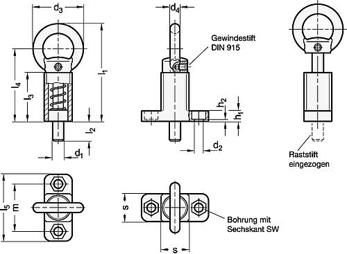 Ganter 722.5-10-20-A-SW Rastbolzen mit Anschraubflansch, rechtwinklig zum Raststift - GN 722-5 Rastbolzen mit Anschraubflansch - rechtwinklig zum Raststift-Abbildung