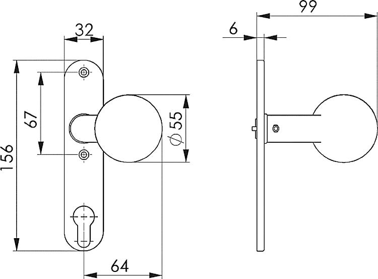 AMF 434Z Türknopf, gekröpft, drehbar: -, fest: Ja, Kurzschild: 32 x 156 x  6 mm - LE 434 Tuerknopf - gekroepft -Skizze