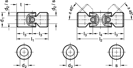 Ganter 808-16-B10-52-EG  Kreuzgelenke mit Gleitlager, Stahl, Aussendurchmesser d1: 16, Bohrung d2: 10, Länge l1 (Form EG): 52 - DIN 808 Kreuzgelenke mit Gleitlager - Stahl - Massblatt