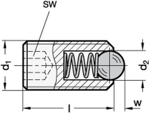 Ganter 615.3-M5-K FEDERNDES DRUCKSTÜCK MIT KUGEL - GN 615-3 Federnde Druckstuecke mit Kugel - mit Innensechskant - Stahl - Edelstahl-Skizze