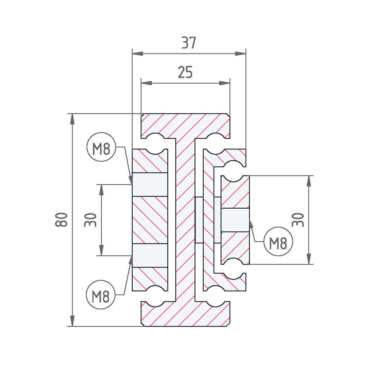 Leschhorn HPTCU 8037-0300-GG-ST Hochpräzise Schwerlast-Teleskopschienen, TC-Profil 80x37, Überauszug 150%, A=450, GG: Gewinde M8/Gewinde M8, Lastwert 290kg, Stahl verzinkt - LE HPTCU-8037 Profilquerschnitt