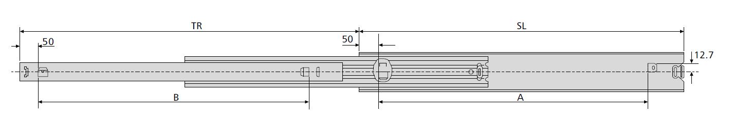 Accuride DZ5517-5055 Teleskopschienen 100% Überauszug, 17,5x53,4, SL 550, TR 571, 55kg, hell verzinkt - 5517 Accuride Teleskopschiene technische Zeichnung