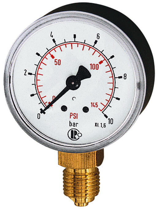 RIEGLER 114-KD Standardmano, Kunststoff, G 1/4 unten, 0 - 2,5 bar/36 psi, Ø 63 - LE71512 116-KD Standardmanometer - Anschluss radial unten