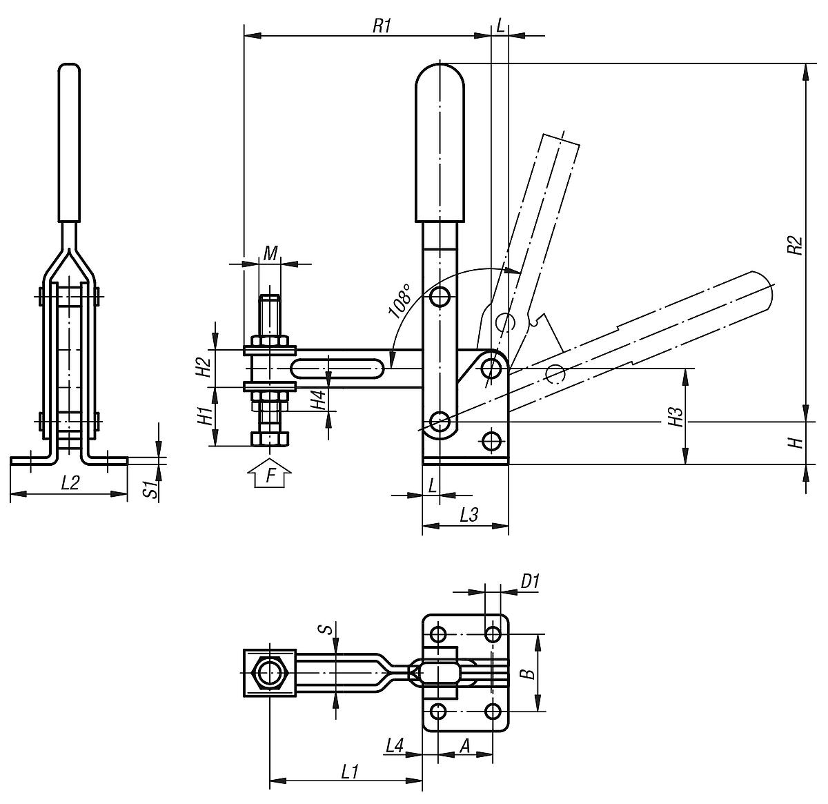 Norelem 05020-14 SCHNELLSPANNER VERTIKAL, MIT WAAGRECHTEM FUSS, GROSSE AUSFÜHRUNG - NLM 05020 Schnellspanner vertikal  mit waagrechtem Fuss - grosse Ausfuehrung - Massblatt