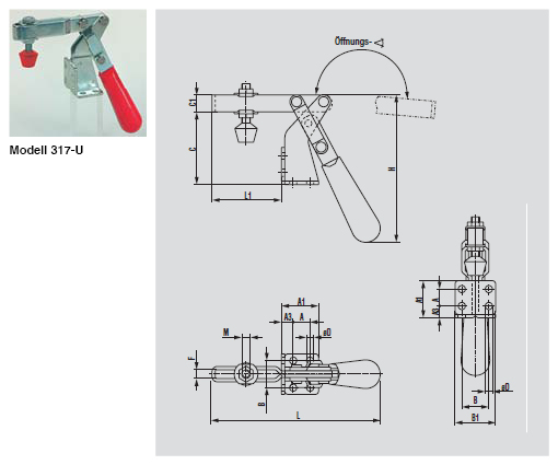 DESTACO 317-S Vertikal-Kniehebelspanner Haltekraft 1700 N - 2000 N, Öffnungswinkel 185° - 317-U Vertikalspanner - U-Spannarm