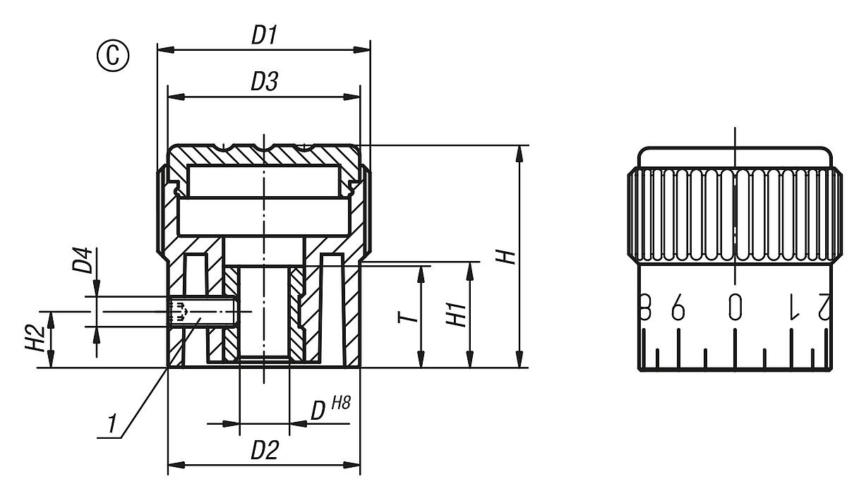 Norelem 06100-32066 NOVO.GRIP DOSIERKNOPF GR.2  D=6H8, FORM C, DECKEL VERKEHRSROT - NLM 06100-C Dosierknoepfe Form C - Massblatt