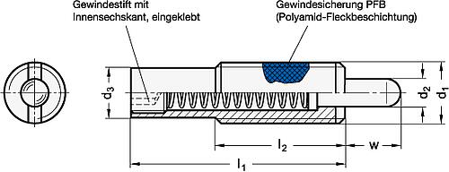 Ganter 611-M10-8-L FEDERNDES DRUCKSTÜCK - GN 611 Federnde Druckstuecke - lange Ausfuehrung-Skizze
