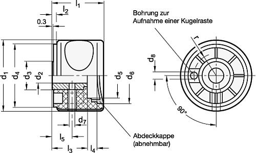 Ganter 624-50-B10-DBL ELESA DREHKNOPF, ABDECKKAPPE BLAU - GN 624 Softline Drehknoepfe - Kunststoff - Buchse Stahl-Skizze