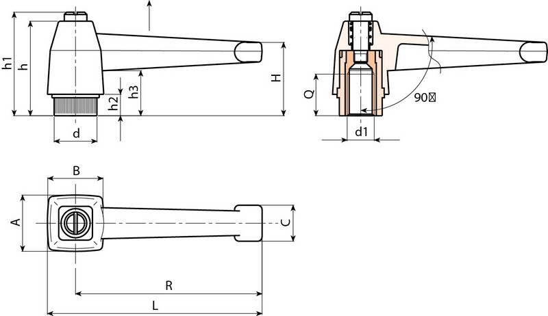 Leschhorn A572 Verstellbare Klemmhebel  R 83; Innengewinde M12; schwarz - Boteco A572 Starre Klemmhebel