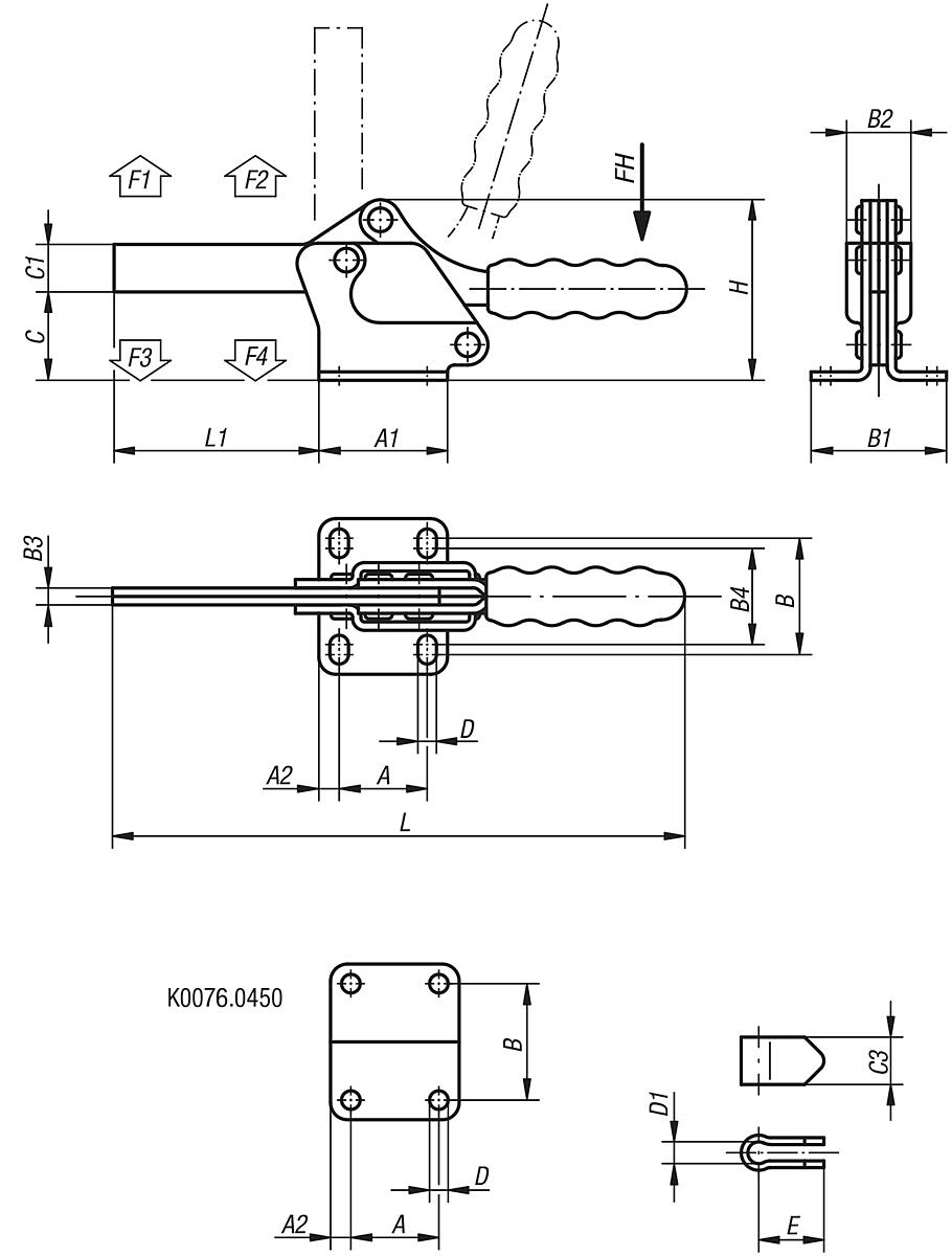 Kipp K0076.0250 SCHNELLSPANNER HORIZONTAL, MIT WAAGRECHTEM FUSS, P=250 daN - K0076 Schnellspanner horizontal mit waagrechtem Fuss und vollem Haltearm - Massblatt