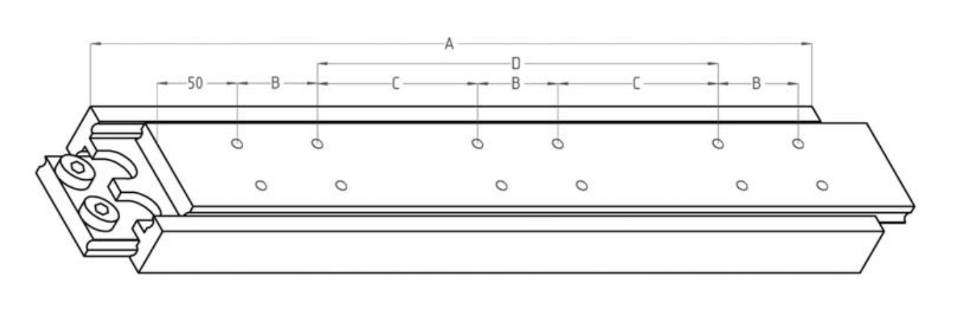Leschhorn HPTV 9036-0500-GG-ST Hochpräzise Schwerlast-Teleskopschienen, T-Profil 90x36, Vollauszug, A=500, GG: Gewinde M8/Gewinde M8, Lastwert 940Kg, Stahl verzinkt - LE HP9036 Hochpraezise Schwerlast Teleskopschienen - T- Form - 220 - 640 Kg-Bemassung