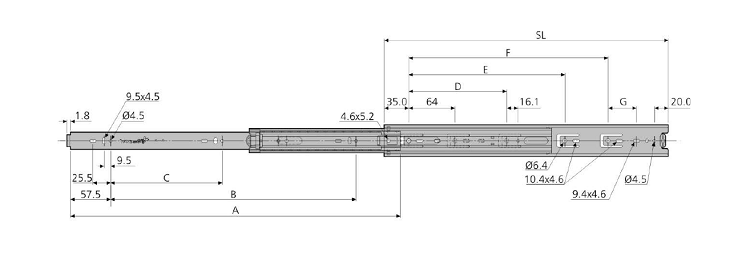 Accuride DS4501-0020 Edelstahl-Teleskopschienen "BEE SLIDE" 100% Vollauszug, 12,7x45,6 SL 200, TR 200, 45kg - Accuride DS4501 Edelstahl-Teleskopschienen - Vollauszug - 12 7x45 6 45kg - Technische Zeichnung