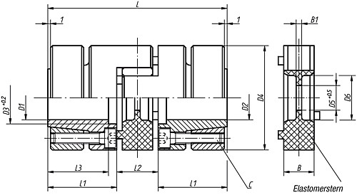 Norelem 23021-010 ELASTOMER KLAUENKUPPLUNG, GR. 10, VORGEBOHRT D1+D2=6 - Norelem 23021 Elastomer Klauenkupplungen mit Konusnabe und Spannring -aehnlich DIN 69002-