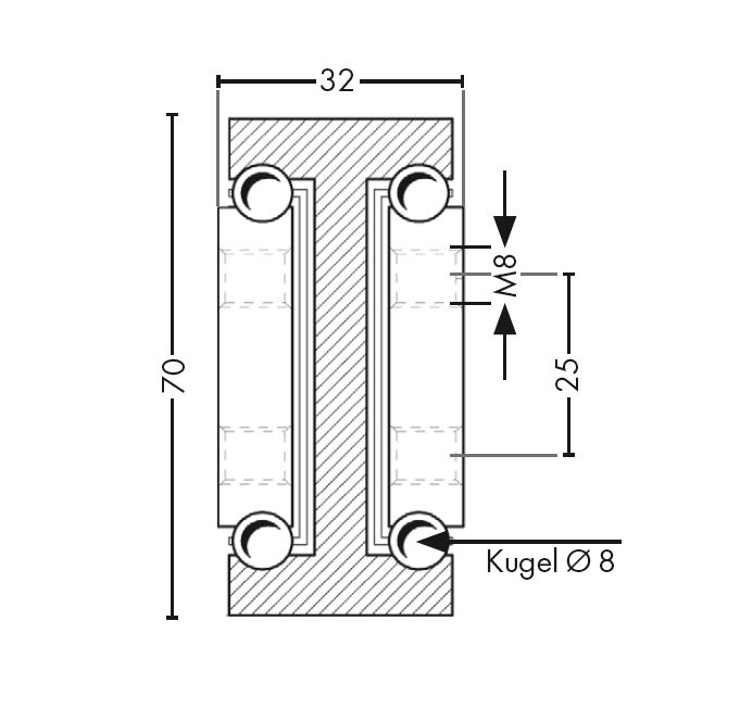 Leschhorn HPTV 7032-100-ST Hochpräzise Schwerlast Teleskopschienen, Vollauszug, Profil 70x32; L= 1000, Gewinde= M8, Lastwert 680Kg,  Stahl C45E+C (1.1191) verzinkt - LE HP7032 Profilquerschnitt