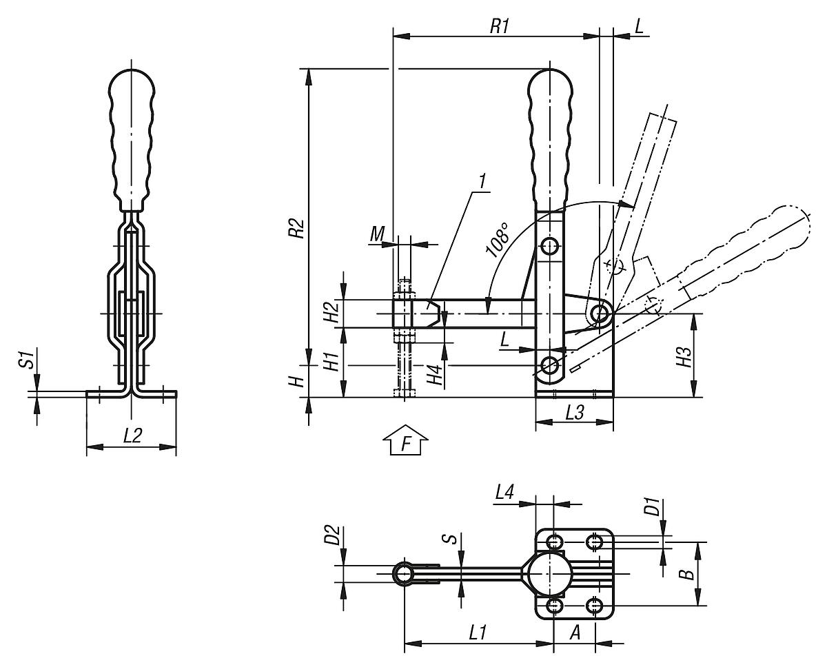 Norelem 05020-121 SCHNELLSPANNER VERTIKAL, MIT WAAGRECHTEM FUSS, D=M12 - NLM 05020 Schnellspanner vertikal  mit waagrechtem Fuss und vollem Spannarm - Massblatt