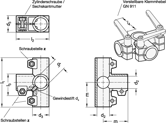 Ganter 198-B40-B40-2-BL  Eck-Klemmverbinder, Aluminium, Bohrung d1: B 40, Bohrung d2: B 40, Kennziffer: 2 - mit 3 Edelstahl-Zylinderschrauben ISO 4762 - GN 198 Eck-Klemmverbinder - Aluminium - Massblatt