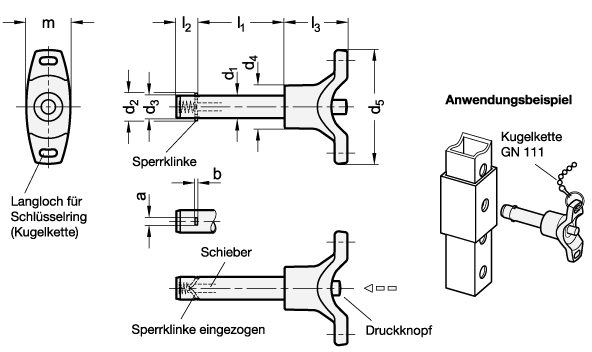 Ganter 114.7-10-100  Steckbolzen, Bolzen Stahl, T-Griff Kunststoff, mit Axialsicherung (Sperrklinke), Durchmesser d1: 10, Länge l1: 100, a: 3.3 - GN 114-7 Steckbolzen-Bolzen Stahl-T-Griff Kunststoff-Axialsicherung-Sperrklinke-Massblatt