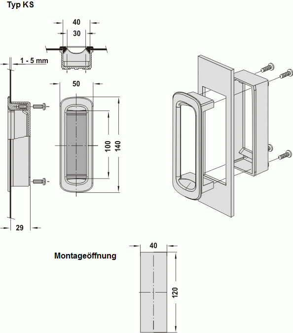 Leschhorn KS-40.120.9005   " Clean Line " Schiebegriff Kunststoff A 120,  Polyamid schwarz - Leschhorn KS - Clean Line - Schiebegriff Kunststoff - Zeichnung Typ KS