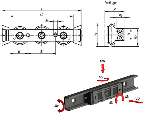 Norelem 21322-1118060 ROLLENFÜHRUNGSWAGEN, STAHL, FESTLAGER, GRÖßE 18 - Norelem 21322-F Festlager