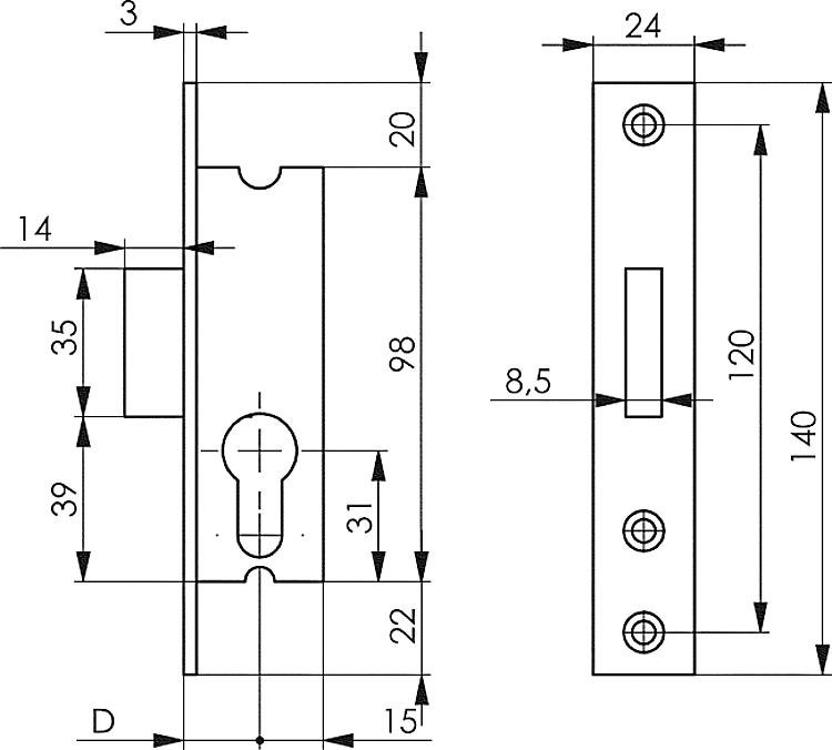 AMF 8400Z-18 Schweres Rohrrahmen-Riegelschloss, Schließung: PZ, D: 18 mm - LE 8400 Schweres Rohrrahmen-Riegelschloss -Skizze