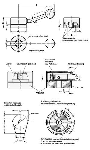 Ganter 215-60-K14-B RASTHEBEL MIT KUGELKNOPF - GN 215 Rasthebel - Stahl-Skizze