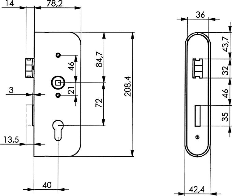 AMF 141E-42ZW Schlosskasten, blank, Kastenbreite: 42,4 mm, Schließung: PZW, Abmessung: 42,5 x 78,2 x 208,4 mm - LE 141E Schlosskasten - blank -Skizze
