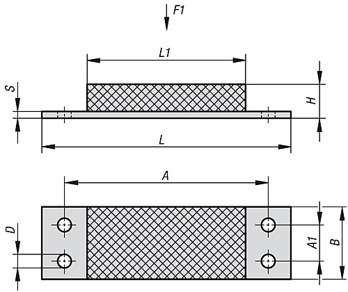 Norelem 26120-05003507057 GUMMI METALL ANSCHLAGSCHIENE, B=50, H=35, L1=70, L=130 mm - Norelem 26120 Gummi Metall Anschlagschienen
