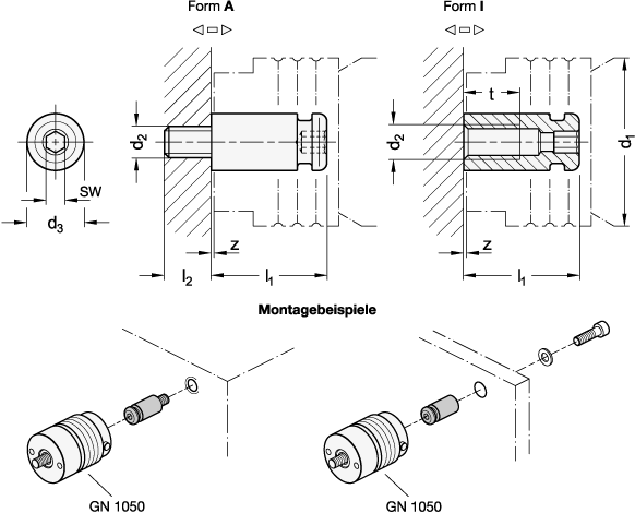 Ganter 1050.1-2-M10-A-ST  Zapfen, für Schnellverschluss-Kupplungen GN 1050, Stahl, Nenngrösse Schnellverschluss-Kupplung GN 1050: 2, d2: M 10, Form: A - mit Außengewinde - GN 1050-1 Zapfen - fuer Schnellverschluss-Kupplungen GN 1050 - Stahl - Massblatt