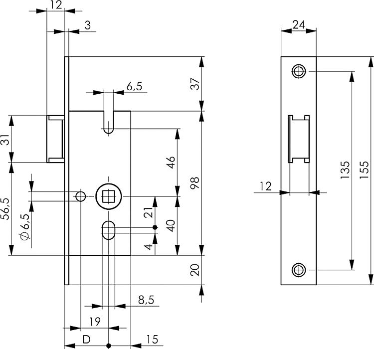 AMF 3412-25 Schweres Rohrrahmen-Fallenschloss, D: 25 mm - LE 3412 Schweres Rohrrahmen-Fallenschloss -Skizze