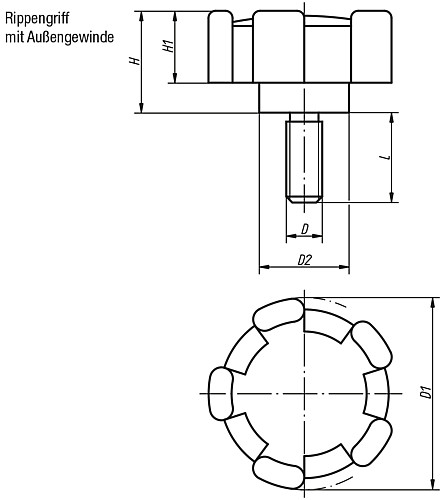 Norelem 06853-320615 NOVO.GRIP RIPPENGRIFF GR.1  M6X15 - Norelem 06853-AG Rippengriffe mit Aussengewinde