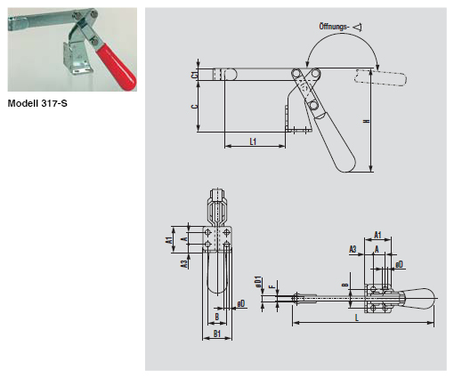 DESTACO 317-S Vertikal-Kniehebelspanner Haltekraft 1700 N - 2000 N, Öffnungswinkel 185° - 317-S Vertikalspanner - massiver Spannarm