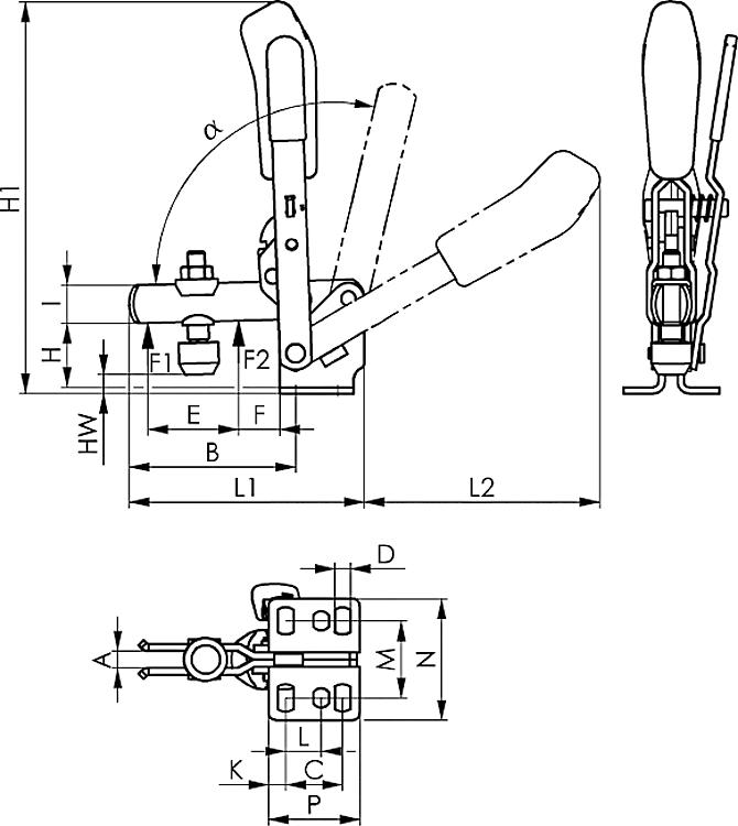 AMF 6800BS-2 Senkrechtspanner mit Sicherheitsverriegelung, schwarz, Größe : 2, F1: 1,0 kN, F2: 1,2 kN - LE 6800BS Senkrechtspanner mit Sicherheitsverriegelung - schwarz-Skizze