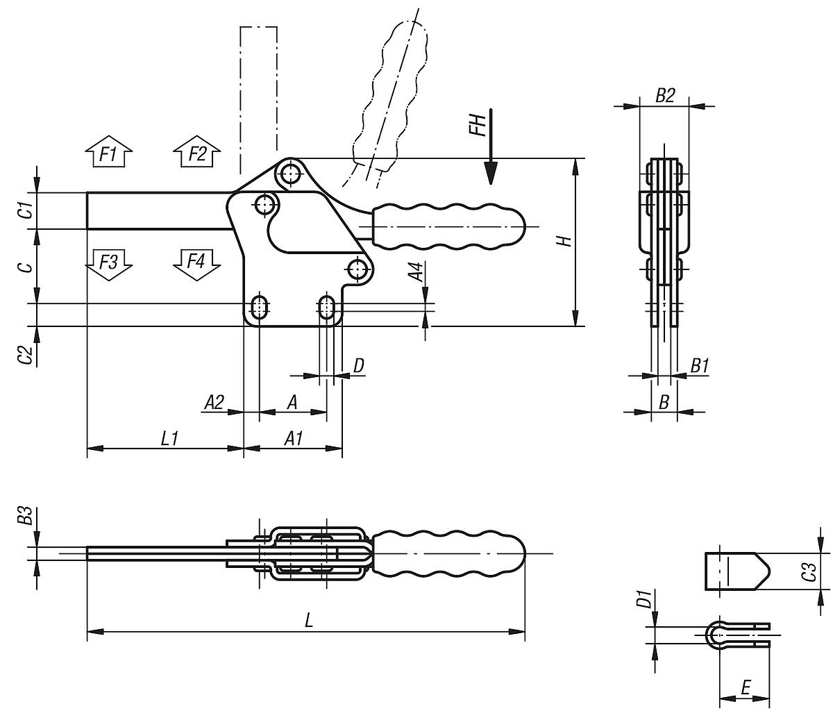 Kipp K0073.0350 SCHNELLSPANNER HORIZONTAL, MIT SENKRECHTEM FUSS, P=350 daN - K0073 Schnellspanner horizontal mit senkrechtem Fuss und vollem Haltearm - Massblatt