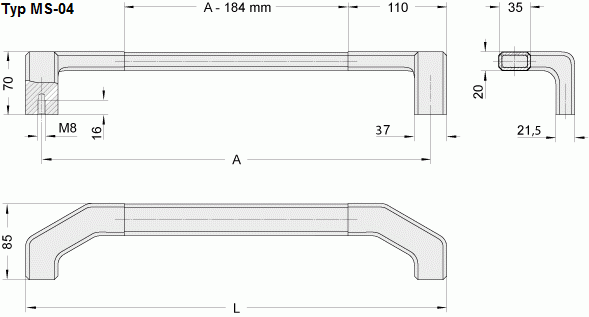 Leschhorn MS-04.300.11   universeller Alu-Maschinengriff A 300,     Schenkel schwarz / Steg natur - Leschhorn MS-04 universelle Maschinen- und Apparategriffe