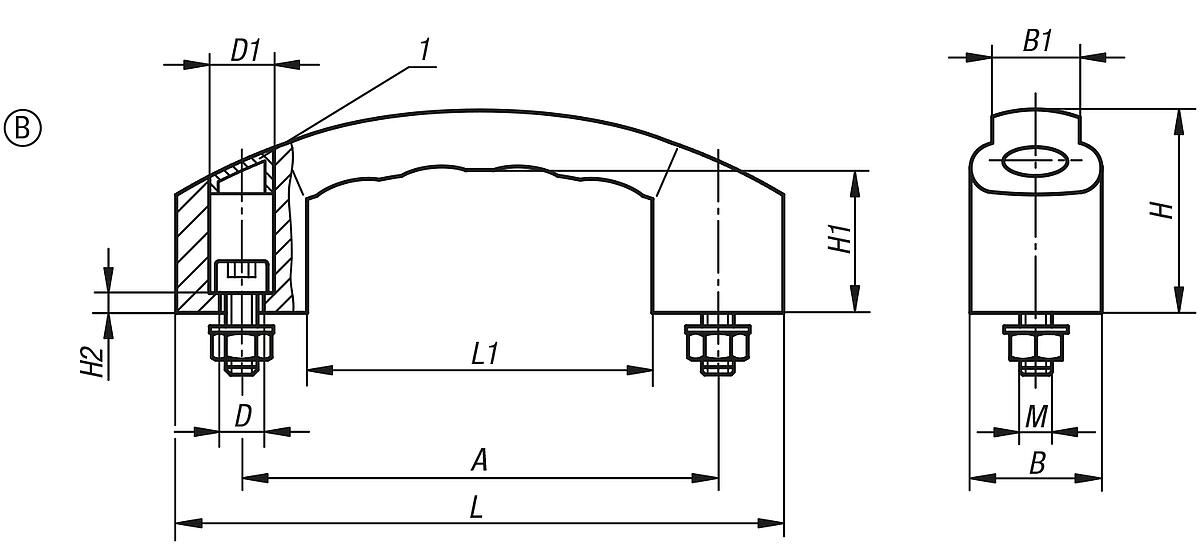 Kipp K0192.214008 BOGENGRIFF FORM B, A=140, M8X30, MIT ABDECKKAPPEN - K0192-B Bogengriffe - Form B - Massblatt