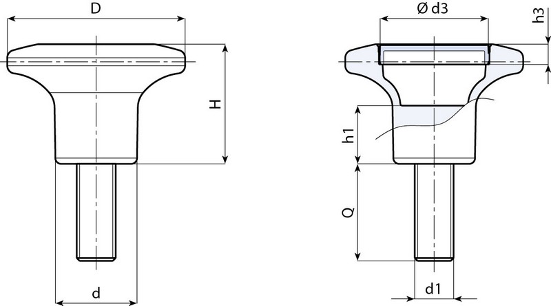 Leschhorn I130 Pilzgriffe  D 45; d 21; Gewinde d1 M10; Kunststoff PA, schwarz, - Boteco I130 Pilzgriffe