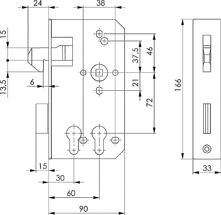 AMF 142SD-40ZW Schiebetor-Schloss für zwei Profilzylinder, verzinkt, mit Wechsel, für Kastenbreite: 40 mm, Schließung: PZW, E: 33 mm - LE 142SD Schiebetor-Schloss fuer zwei Profilzylinder - verzinkt - mitWechsel-Skizze