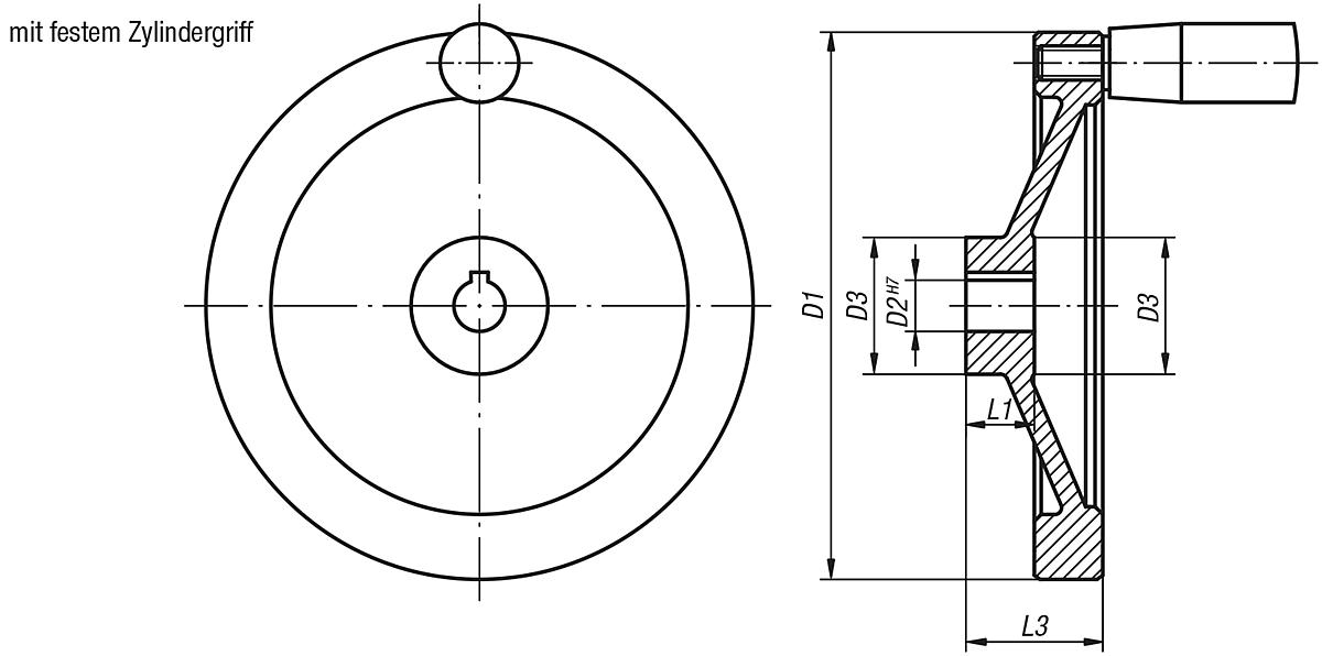 Norelem 06275-2160X15 SCHEIBENHANDRAD ALU, FESTST.GR.O.NUT, D1=160, D2=15 - NLM 06275-MFG Scheibenhandraeder aus Aluminium - mit festem Zylindergriff - Massblatt