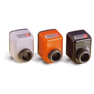 Fiama OP3-A-0,50-DX-14-G-P6 mechanische digitale  Positionsanzeigen, Ansicht A horizontal, Steigung 0,50mm, Anzeige nach 1 Umdrehung 00,50; DX= rechts steigend, Hohlwelle 14H7, Farbe G= schwarz, Drehmomentstütze P6 Ø6 mm - LE70063 OP3