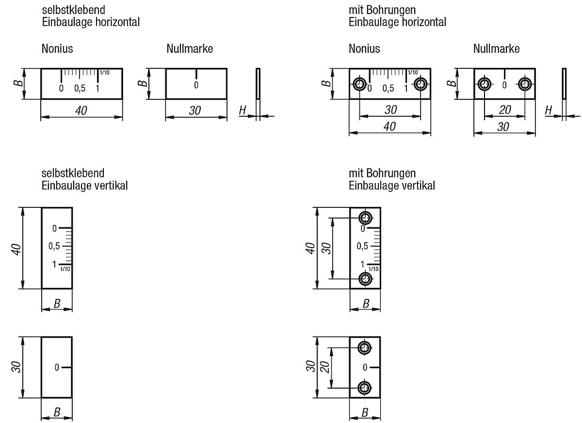 Kipp K0757.10 MASSSTAB ALUMINIUM, - K0757-NA Nonius und Nullmarken Aluminium - selbstklebend oder mit Bohrungen - Massblatt