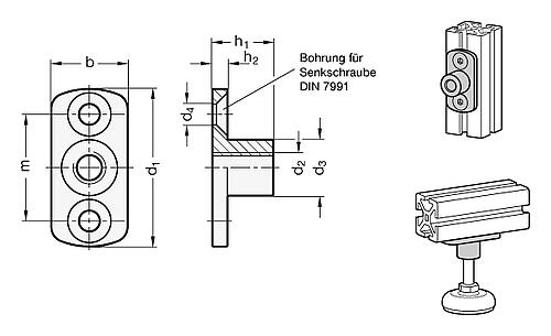 Ganter 3490-45-M6-16-SW Gewindeflansche für Profilsysteme - GN 3490 Gewindeflansche fuer Profilsysteme-Skizze