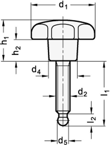 Ganter 6336.11-32-M6-35 STERNGRIFFSCHRAUBE MIT EDELSTAHL GEWINDESTIFT - GN 6336-11 Sterngriffschrauben mit Kugelzapfen-Skizze