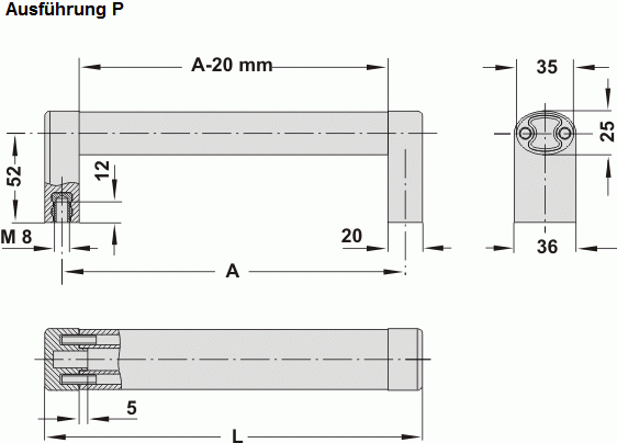Leschhorn A4-35.P200.S04 Alu-Oval-Rohrgriffe  A 200,  schwarz Griff aus Einzelelementen, komplett montiert - Leschhorn A4-35-P Oval-Rohrgriffserie - Zeichnung