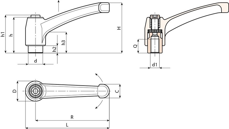 Leschhorn A592 verstellbare Klemmhebel  R 43; Innengewinde M5; schwarz matt - Boteco A592 Verstellbare Klemmhebel