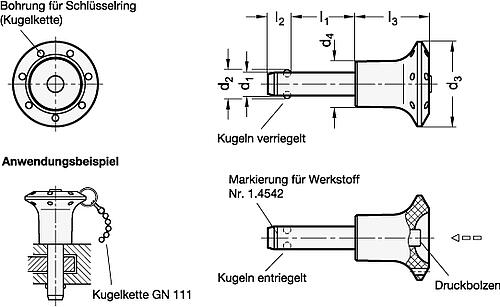 Ganter 113.6-16-35 KUGELSPERRBOLZEN MIT KNOPF, BOLZEN: 1.4542 - GN 113-6 Edelstahl Kugelsperrbolzen - mit Kunststoff Knopf - Bolzen -Skizze